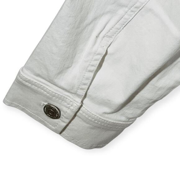 Susan Graver White Peplum Denim Jacket XL Eyelet Lace Hem Stretch Cotton - Picture 8 of 12